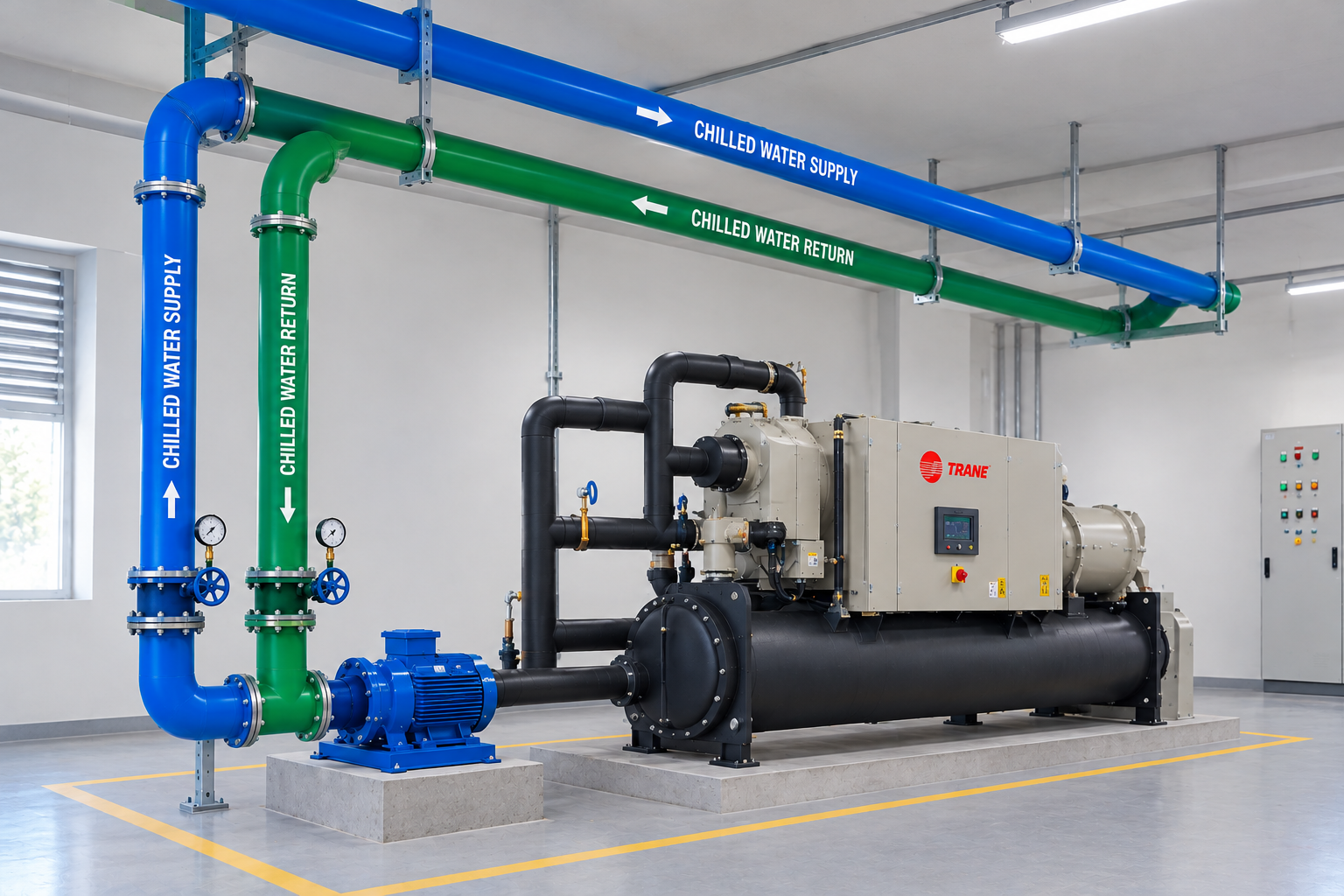 Commercial chiller chilled-water piping installation and insulated pipework in Guldher, Ghaziabad