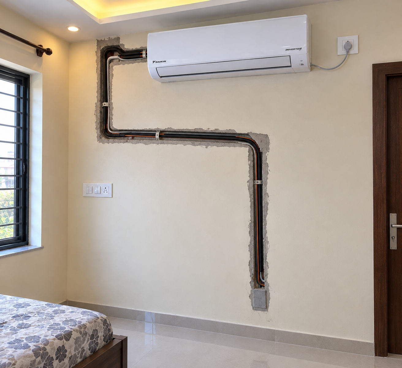 Underground AC copper pipe installation for residential air conditioning systems in Guldher, Ghaziabad