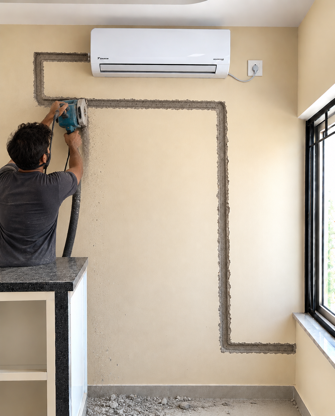 Wall cutting and preparation for concealed AC copper pipe fitting in Guldher, Ghaziabad